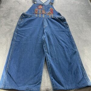 Vintage Denim Overalls Womens XL Birdhouse Patchwork Cottagecore Wide Leg Cotton